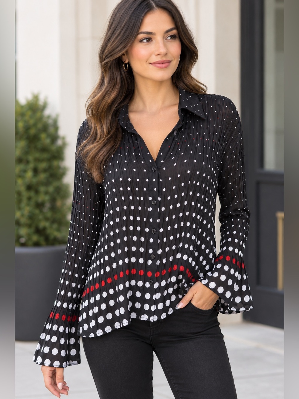 Voir Women Plisse Pleated Shirt 2X Black Polka Dot Long Sleeve Red Accent Y2K